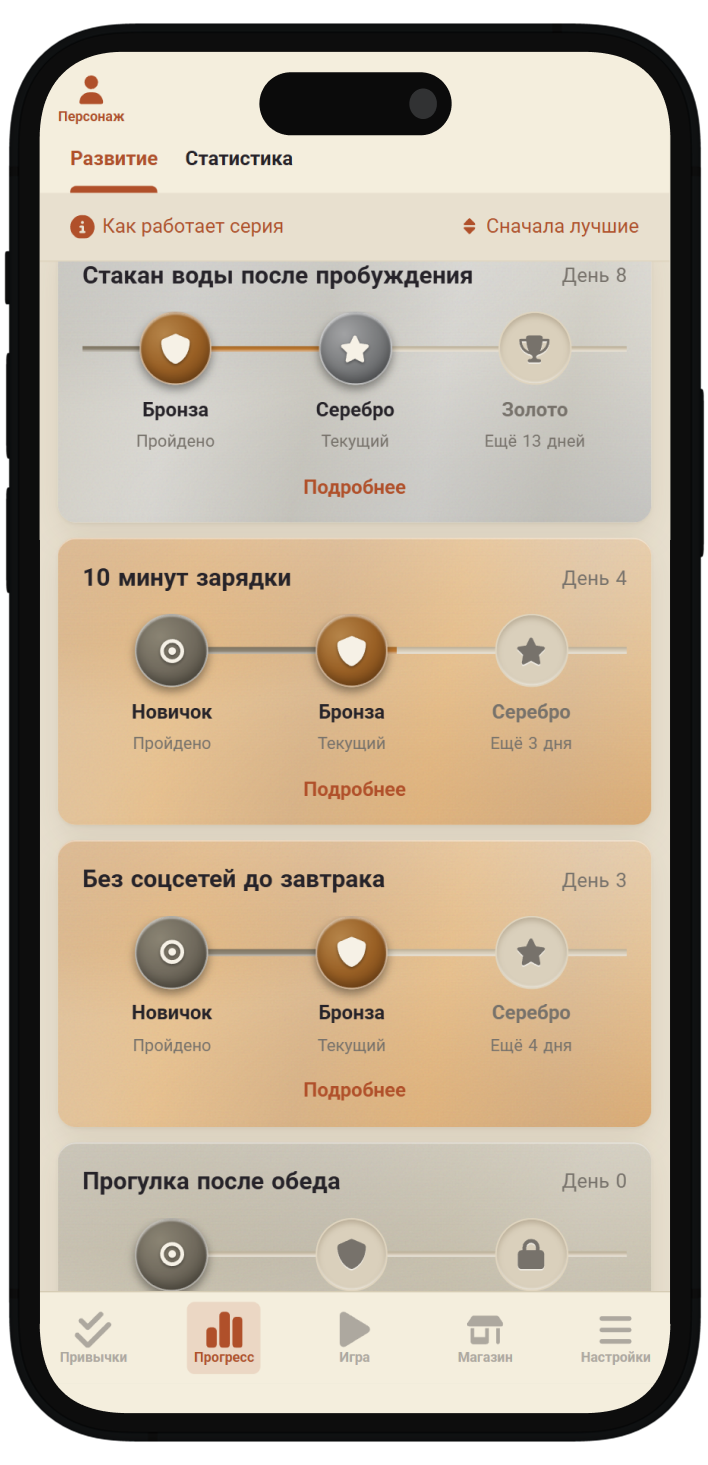Статусы привычек и путь до апгрейда. Система статусов показывает, какие привычки уже ведут к бронзе, серебру и золоту, чтобы не терять темп.